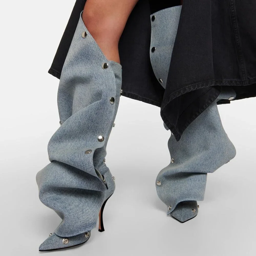 Women's Denim Blue Suede Detachable Snap-off Panel Fold Over Fall Shark Boots